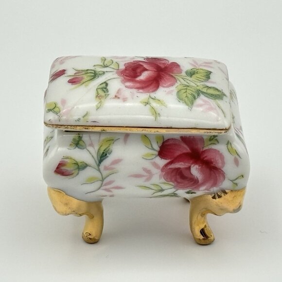 Lefton Pink Rose Flower Floral Footed Gold Gilt Mini Trinket Jewelry Box Japan - Picture 1 of 16